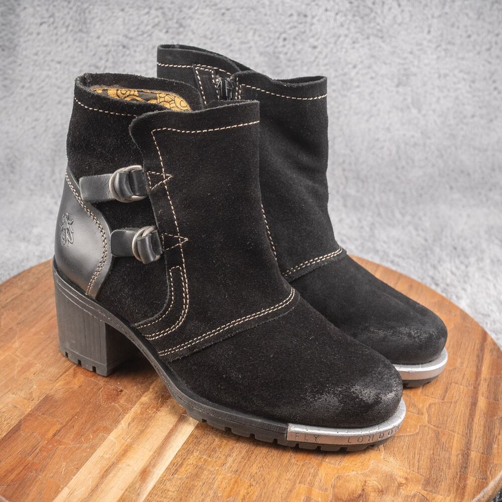 Fly London‎ Black Suede Leather Logger Chunky Heel Combat Boots Size 37/6-6.5